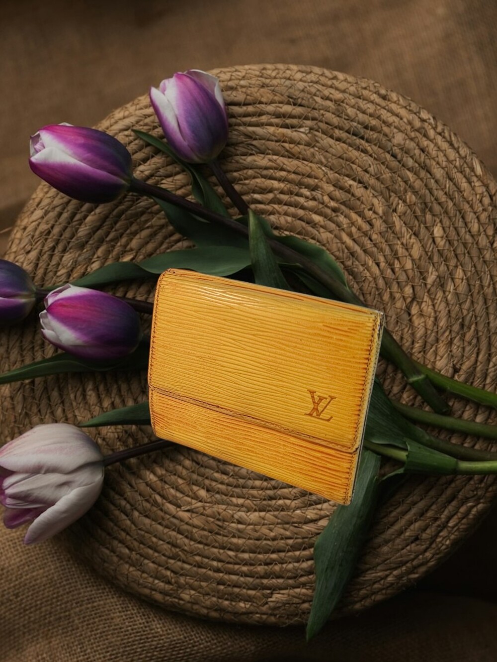 Authentic Leather Louis Vuitton Yellow  Purple Epi Tri-Fold Wallet & Card Holder